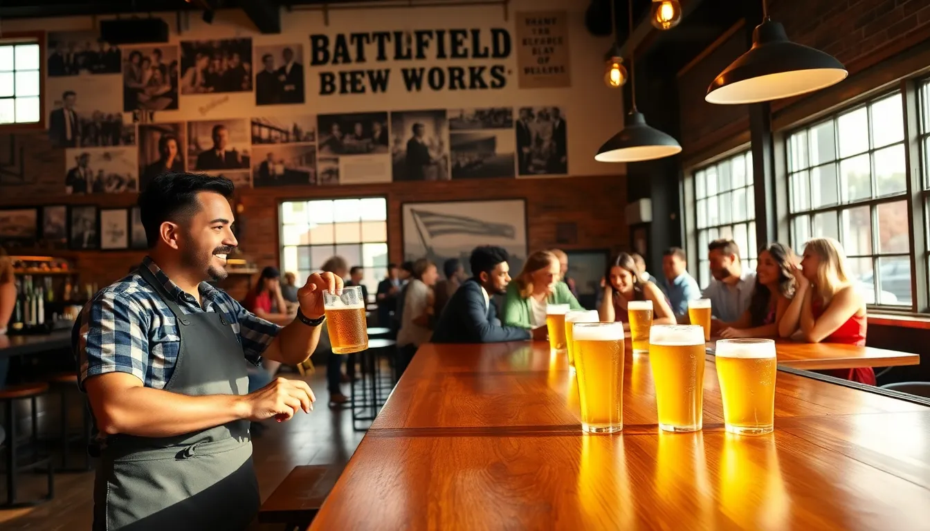 diverse patrons enjoying craft beer at Battlefield Brew Works.