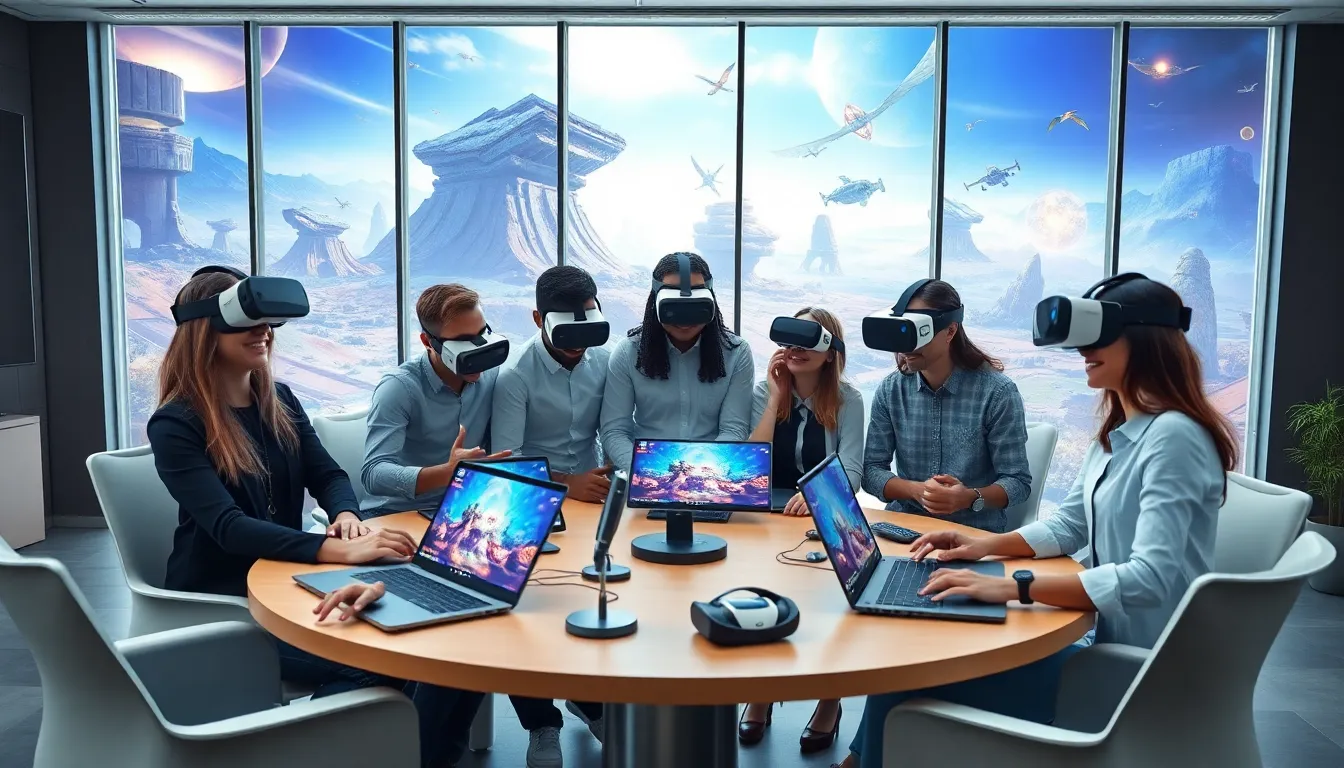 diverse team collaborating on VR game development in a modern office.