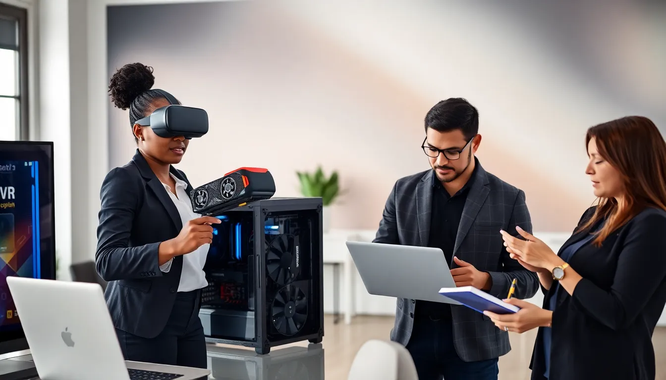 professionals discussing VR system requirements around a gaming PC.