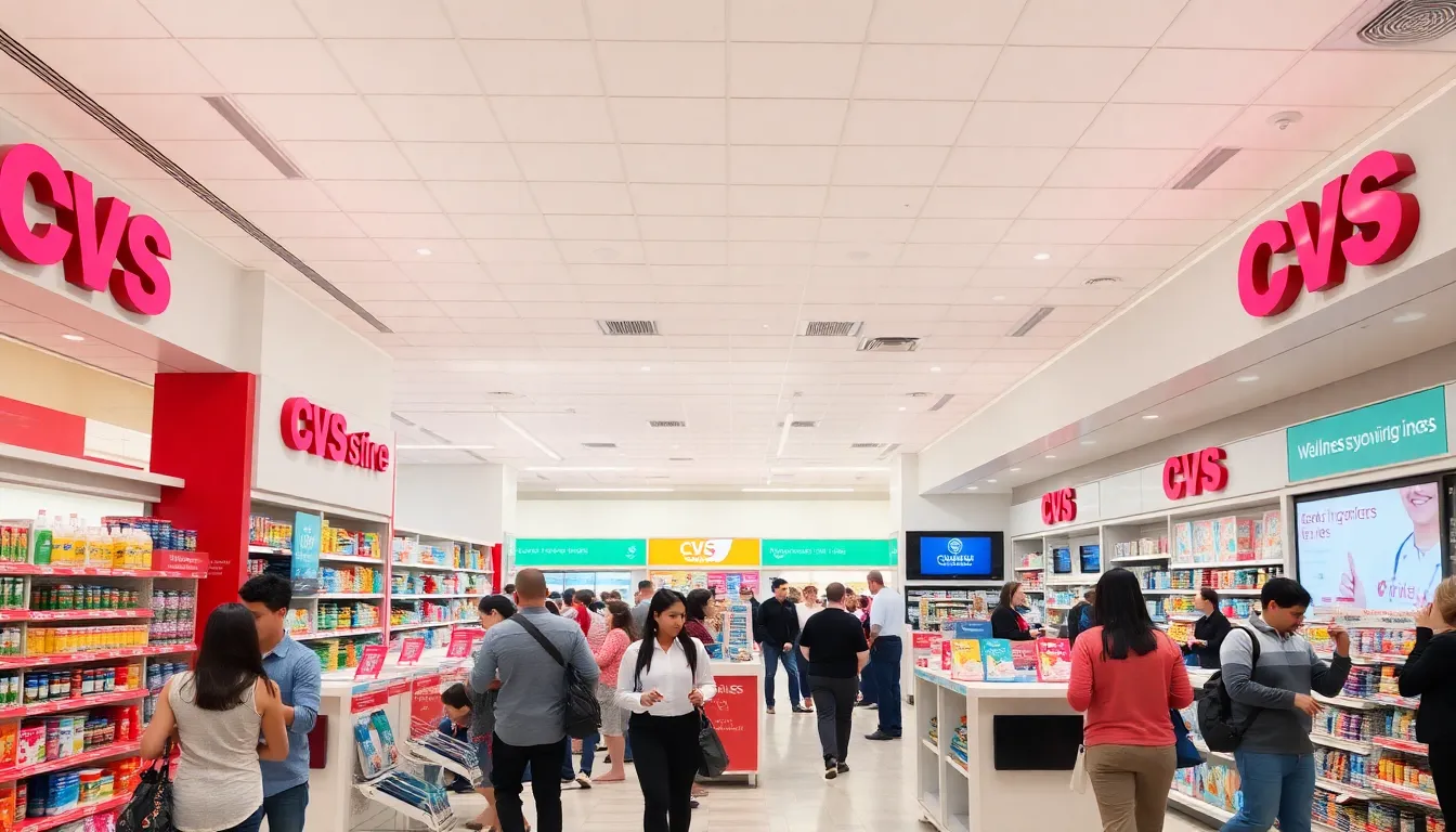 modern CVS store interior with diverse customers and health products.
