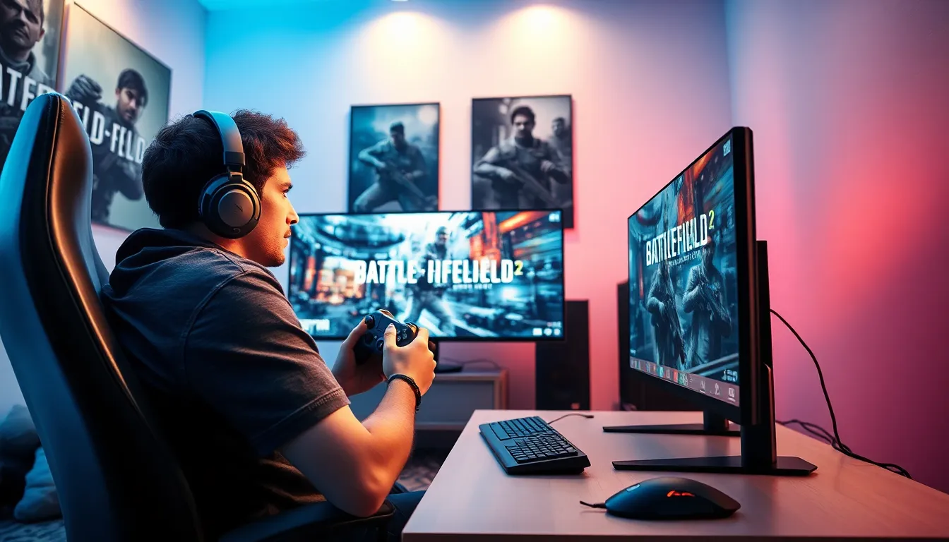 gamer focused on a Battlefield 2 Modern Combat session in a modern gaming room.