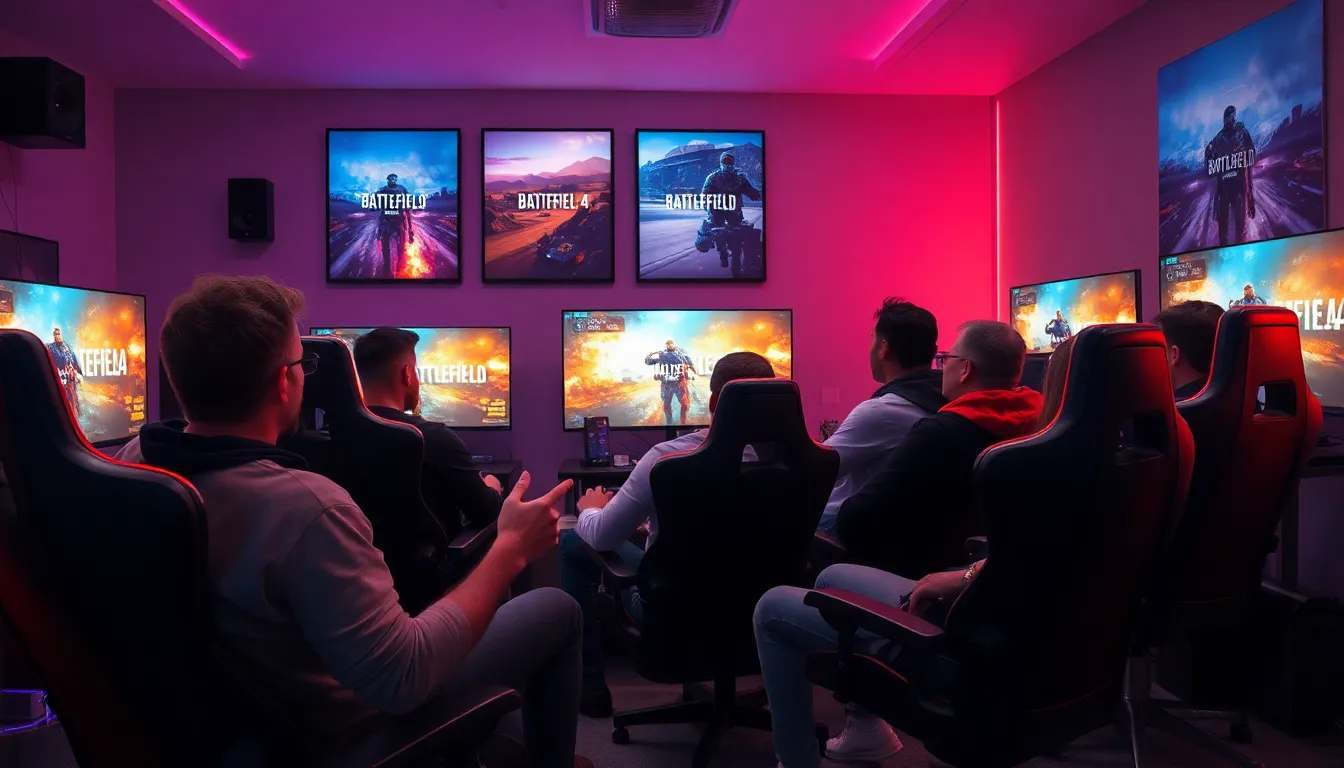 diverse gamers playing Battlefield 4 in a modern gaming room.