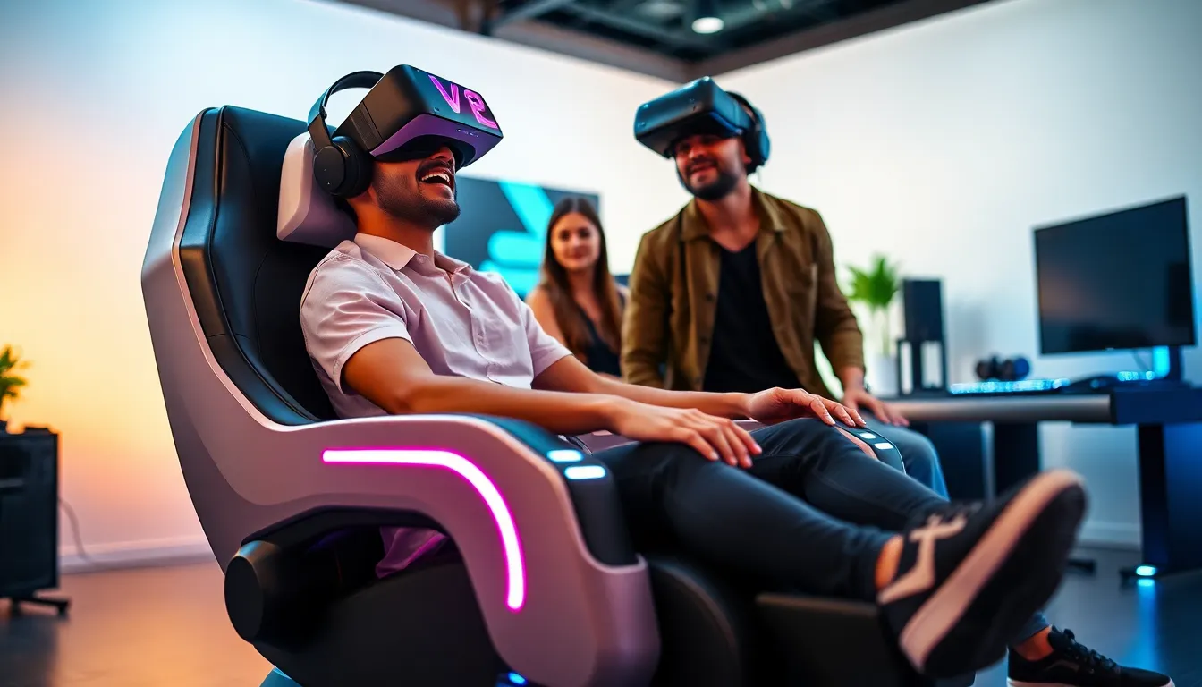 diverse gamers using a modern VR gaming chair in a tech-savvy room.